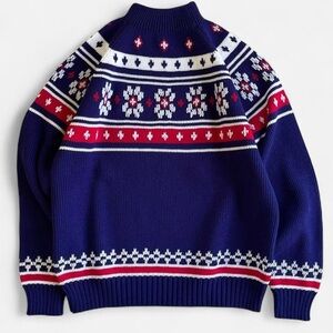 Vintage JC Penney Mock Neck Navy Blue Red White Snowflake Knit Sweater M